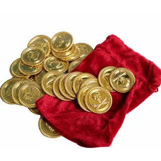 Ameisenkeks® Piraten Goldmünzen Set – 36 Kunststoff Münzen Ø 2,5 cm + roter Beutel – Kinder Schatzsuche, Piratenparty Deko, Mitgebsel, Karneval Zubehör
