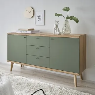 Lomadox Wohnzimmer Esszimmer Anrichte Kommode Sideboard, 160cm in Eiche mit grün Modern