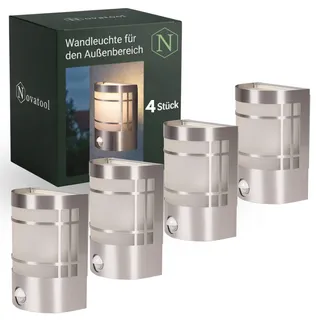 Novatool 4x Außenleuchten Edelstahl mit Bewegungsmelder I IP44 I E27 Sockel I 11,5x13,5x19 cm I Außenlampe für Terasse Aussenleuchten Haus Wandleuchte Aussenbeleuchtung Lampen Außenbereich Außenlicht