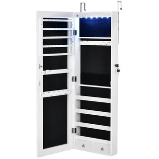 Costway Verspiegelter Schmuckschrank mit 6 LED-Leuchten & 2 Schubladen Hängeschrank abschließbar, Wandschrank Schmuck Organizer zur Wand-/Türmontage, Weiß