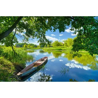Papermoon Fototapete PAPERMOON "FRÜHLINGS-LANDSCHAFT-FLUSS BOOT BÄUME STRAND UFER WALD", bunt, B:5m L:2,8m, Vlies, Tapeten