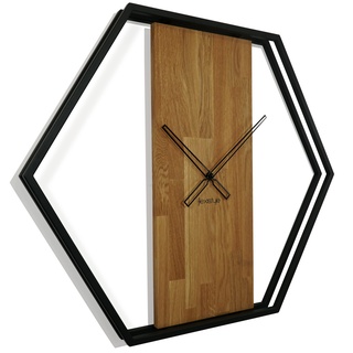 FLEXISTYLE Wanduhr groß XXL Hexagon Holz Eiche LOFT schwarz Industrial modern 80cm Durchmesser ohne Ticken