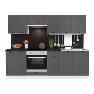 FIWODO Küche mit Elektrogeräten - ERWEITERBAR - Küchenzeile, Einbauküche in Farbe: LANDHAUS GRAFIT MATT, 240cm, mit Spülbecken, Mischbatterie, Herd, Backofen, Abzugshaube, NEUWARE mit GARANTIE