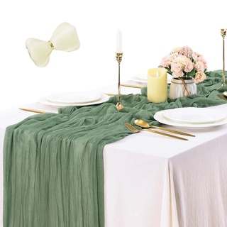 1 Grüner Tischläufer und 1 Chiffonband, Plissierte Vintage-Tischdecke aus Tüll, Lange Käsetuch-Tischläufer-Tischdekoration, Geeignet für Hochzeit, Geburtstagsfeier, Weihnachten(90*400cm)