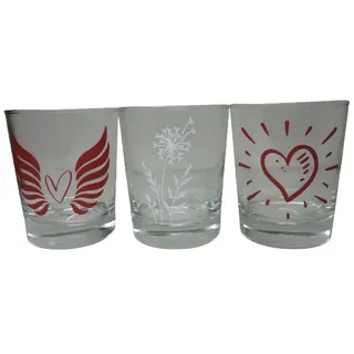 3 Set Teelicht Glas Windlicht maritim "Herz/Herz mit Flügel/Pusteblume" Handmade