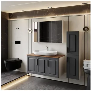 Karen Badmöbel-Set Badmöbel Set Arin Anthrazit Konsole, (4-St., Unterschrank mit Türen, Spiegelschrank mit Türen & Regalen), Landhaus-Stil, Matt-PVC-Beschichtung, Konsole, Aufsatzwaschbecken grau 100 cm