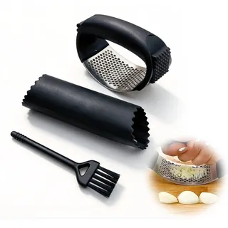 Premium Knoblauchpresse Schwarz Set 3-in-1, Edelstahl Knoblauchwippe mit Schäler Bürste, Rostfrei Garlic Press für Ingwer, Ergonomischer Küchenhelfer, Spülmaschinenfest, Edle Geschenkbox