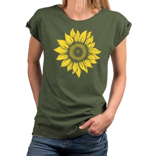 MAKAYA Print-Shirt Damen Blumenpint Sonnenblume Blumen Motiv Blumenmuster Sommer Top Baumwolle, große Größen grün