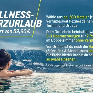 Jochen Schweizer Wellness Kurzurlaub für 2 (3 Nächte); Erlebnis verschenken oder selbst erleben; Gutschein gültig für 2 Personen
