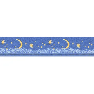 Bricoflor Blaue Bordüre mit Sternen und Mond Schlafzimmer und Kinderzimmer Tapetenbordüre mit Bergen Papierbordüre mit Vinyl