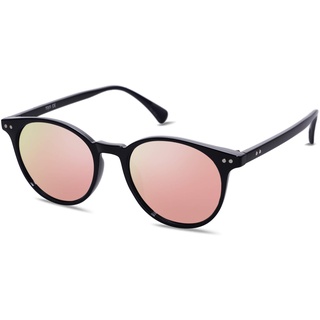 SOJOS Polarisiert Runde Sonnenbrille Damen Herren Retro Vintage UV400 Schutz Runde Kleine für Schmales Gesicht MAY SJ2113 mit Schwarzer Rahmen/Rosa Verspiegelte Linse