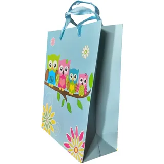 Geschenktüten aus Hartpapier mit Eulen, hellblauem Hintergrund – 23 x 18 cm, perfekt für Geschenke und Partys