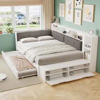 Merax Holzbett Tagesbett 120x200 cm mit Ausziehbett 90x190 cm, Daybett mit Ladefunktion und gepolstertem Kopfteil, Regalfächern & Schuhbank, Weiß - Weiß