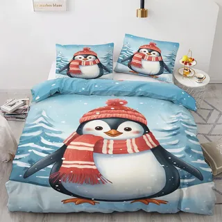 Winter Bettwäsche 200x220 Weihnachten Pinguin - Süße Tiere Bettbezug 200 x 220 3 teilig, Wendebettwäsche und Kissenbezug 80x80, Weiche & Angenehme Mikrofaser Bettwäsche-sets mit Reißverschluss