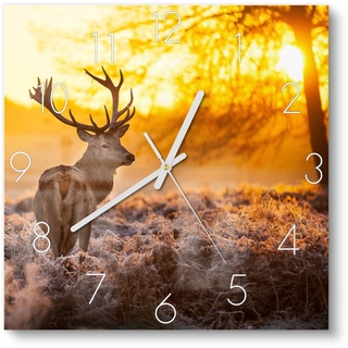 DEQORI Glasuhr | 30x30 cm | Motiv Hirsch am Wintermorgen | ausgefallene leise Design Uhr aus Glas | Wanduhr für Wohnzimmer & Küche | Moderne Hingucker Uhr für die Wand