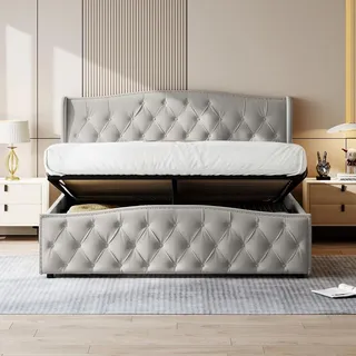 SUNFECILI Polsterbett 160x200 cm,Boxspringbett 160x200,mit Lattenrost,Matratze und Kopfteil,Doppelbett,Jugendbett, Samt Stoff,Grau - Grau