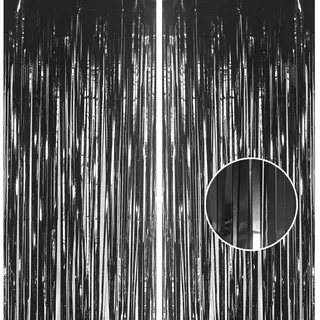 2 Stück Lametta Vorhang Schwarzgold Glitzer, 1x 2.5m Metallische Glitzervorhang Geburtstag Folien Fransen Vorhänge Tinsel Curtains für Disco Party Halloween Weihnachten Hochzeit Festivals Bühnendekor