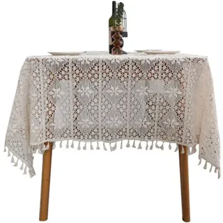 Tischdecke Im Ländlichen Stil Aus Gehäkeltem Baumwollgarn, Mit Hohlen Quasten, Beige – 85 X 85 Cm