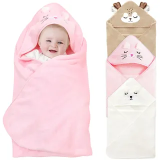 NHTJTHE 3Stück Baby Handtuch Kapuze,Flauschiges Weich Super SaugfähigBadehandtuch für,Kapuzenhandtuch Baby,niedliche Tier Form,Weißer Bär, rosa Katze, braune Hirsche,80 x 80 cm