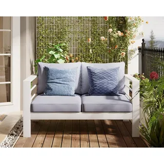 MeXo Loungesofa Gartensofa für Balkon 2 Sitzer Aluminium outdoor wetterfest, weiß, harmonieren mit Licht bei Nacht, Passt zum skandinavischen, mediterranen oder minimalistischen Stil, 12cm Deluxe Relax-Sitzkissen, 128×65×66cm, lounge sofa draußen Alu weiß