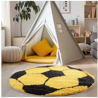 Carpettex Kinderteppich Fußball-Design, Rund, Höhe: 30 mm, Kinder Teppich Fußball-Form Kinderzimmer versch.farben und größen gelb 120 cm x 120 cm x 30 mm