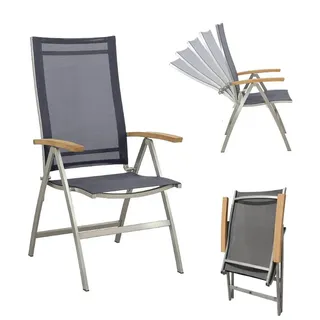 CASA DOMA Gartenstuhl Mineo, verstellbarer Klappsessel, Edelstahl/Sunproof®/Teak, Hochlehner schwarz|silberfarben