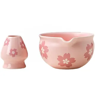 Uxsjakjsd Teeschale 2 Stück Traditionelle Japanische Matcha-Schale und Besenhalter für Tisch-Teeceremony Party Geschenk Rosa Blumen