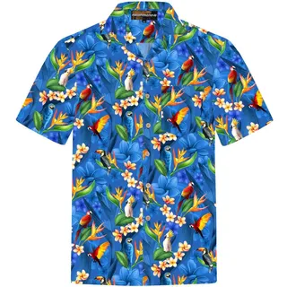 Hawaiihemdshop.de Hawaiihemd Hawaii Hemd Herren Baumwolle Kurzarm Hawaiihemd mit Papageien blau|rot 6XL