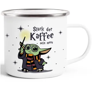 MoonWorks Tasse Emaille-Tasse Baby-Yoda Spruch lustig Stark der Kaffee sein muss, Metall, emailliert und mit Aufdruck silberfarben|weiß