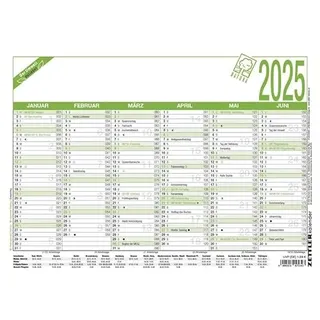 Zettler - Arbeitstagekalender 2025 Recycling, 29,7x21cm, Plakatkalender mit 6 Monaten auf 1 Seite, Mondphasen, Arbeitstage-, Tages- und Wochenzählung, Ferientermine und deutsches Kalendarium