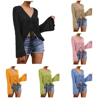 Boho Häkel Pullover Damen Oberteil - Langarm Häkeloberteil Häkeltop Flowy Oversized Frühling Sommer V-Ausschnitt Crochet Sexy Tops Strickpullover