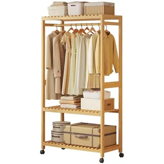 Romyqpipy Offener KleiderstäNder aus Bambus, Freistehender GarderobenstäNder mit 2-Stufiger Storage Shelf, für MäNtel, RöCke, Freistehender KleiderbüGel für Schlafzimmer, Flur, Eingangsbereich