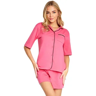 CityComfort Pyjama Damen Kurz Baumwolle Pyjama Frauen Set mit Knöpfen Hausanzug Damen Sommer Nachtwäsche Loungewear Geschenke für Frauen (L, Rosa) - L