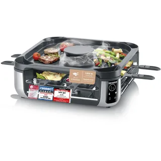 Severin Raclette-Grill, Umluft-Filter, weniger Rauch & Gerüche, 1900W | Digital-Display, 8 Pfännchen, 8 Personen, kratzfeste ILAG-Beschichtung, Parkebene, bis 240°C, S-Joy Sevento®, schwarz, 2350