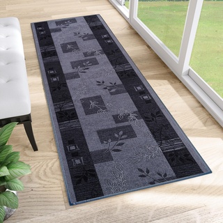 TAPISO Anti Rutsch Teppich Läufer rutschfest Brücke Meterware Modern Grau Dunkelblau Vierecke Floral Design Flur Küche Wohnzimmer 100 x 500 cm