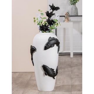 Casablanca Deko Vase groß Bodenvase - Vase XXL mit Koi Fischmotiv - Blumenvase aus Kunstharz - Dekoration Wohnzimmer Farbe: Weiß Schwarz Höhe 73 cm