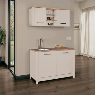 home24 Miniküche Sardegna, Kaschmir, Eiche Artisan, Glas, Holzwerkstoff, einzeln stellbar, 130 cm, höhenverstellbare Füße, Küchen, Miniküchen