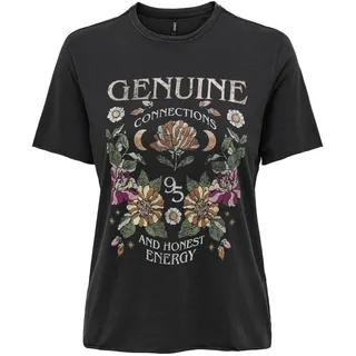 Only Damen Bedrucktes T-Shirt | Kurzarm Basic Rundhals Top mit Schrift | Printed Shortsleeve ONLLUCY, Farben:Schwarz-6, Größe:L