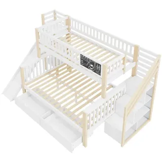 HAUSS SPOLE Hochbett 90/140x200cm, mit Graffiti-Brett, Treppe und Regal, Rutsche, weiß (Hausbett, Etagendoppelbett mit Rutsche und kleiner Tafel, 2 Schubladen, 140*200cm & 90*200cm, ohne Matratze) mit Graffiti-Brett, Treppe und Aufbewahrungsschränken