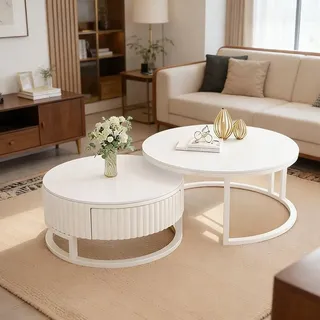 JPQTRYDRIS Weiss Couchtisch 50+70cm Rund Wohnzimmertisch Mit Stauraum Couchtisch 2er Set Modern Marmor Coffee Table Mit Schublade Satztische Kaffeetisch Fürs Wohnzimmer