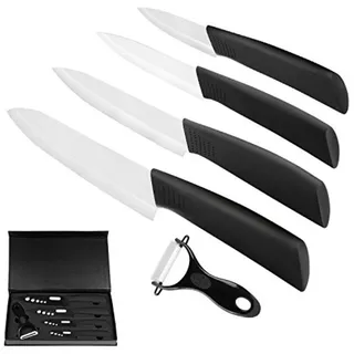 PromoHome® Keramik Messerset 4-teilig mit Gemüseschäler - 15 cm Kochmesser, 13 cm Multifunktionsmesser, 10 cm Obstmesser, 8 cm Obstmesser