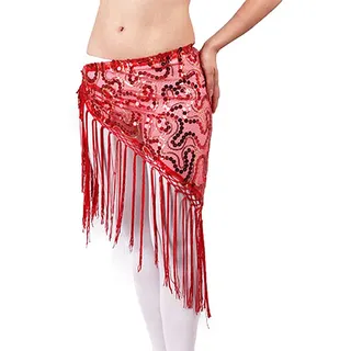 MITINGER Bauchtanz Hüfttuch,Bauchtanz Bauchtanz Kleidung Frauen Dancewear Lange Fringe Hand Häkeln Dreieck Gürtel Bauchtanz Hüfte Schal Pailletten(Red)
