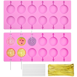 MAX COOK 2 Stück Runde Lutscherform aus Silikon Lollipop Candy Schokoladenform Runde Form Süßigkeit Bonbon Formen Silikon mit Stäbchen Goldenen Bändern (Rosa)