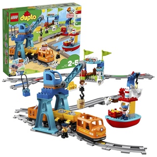 LEGO 10875 DUPLO Güterzug, „Push & Go“-Lok mit Lichtern und Geräuschen, Funktionssteinen und 2 Kranen, Spielzeug für Mädchen und Jungen ab ...