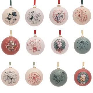 Disney - Winnie Puuh Set mit 12 Kugeln - Puuh, Tigger, Ferkel & I-Aah - Offizielle lizenzierte Ware - Rote, weiße & blaue Plastik-Weihnachtskugeln mit Schnur für festliche Weihnachtsbaumdekoration.