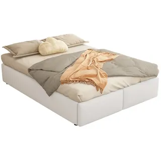 SOFTWEARY Futonbett mit Bettkasten, Lattenrost und Schubladen (140x200 cm), Bezug aus Leinen weiß