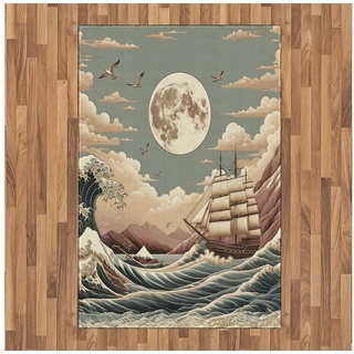 Teppich Flachgewebe Deko-Teppiche für das Wohn-,Schlaf-, und Essenszimmer, Abakuhaus, rechteckig, Nautisch Japanische Ozeanszenerie Ethnostil blau