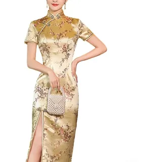 Damen Elegant Chinesischen Stil Qipao Kleid Lang Traditionell Cheongsam mit Pflaumenblüten Druck für Frühling Sommer Party und Feier Rot (L Gold)