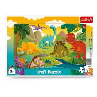 Trefl, Puzzle, Rahmenpuzzle mit Unterlage, 15 Teile, Dinosaurier, für Kinder ab 3 Jahren, Glückliches Kätzchen Kicia Kocia