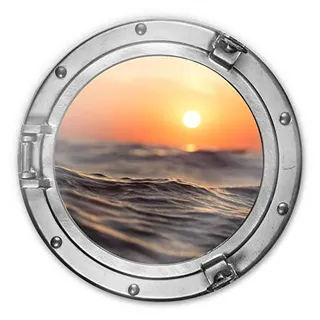 K&L Wall Art Glasbild rund 3D-Optik Bullauge Sonnenuntergang Meer Wasser Wellen romantisch Ø50cm Glasposter